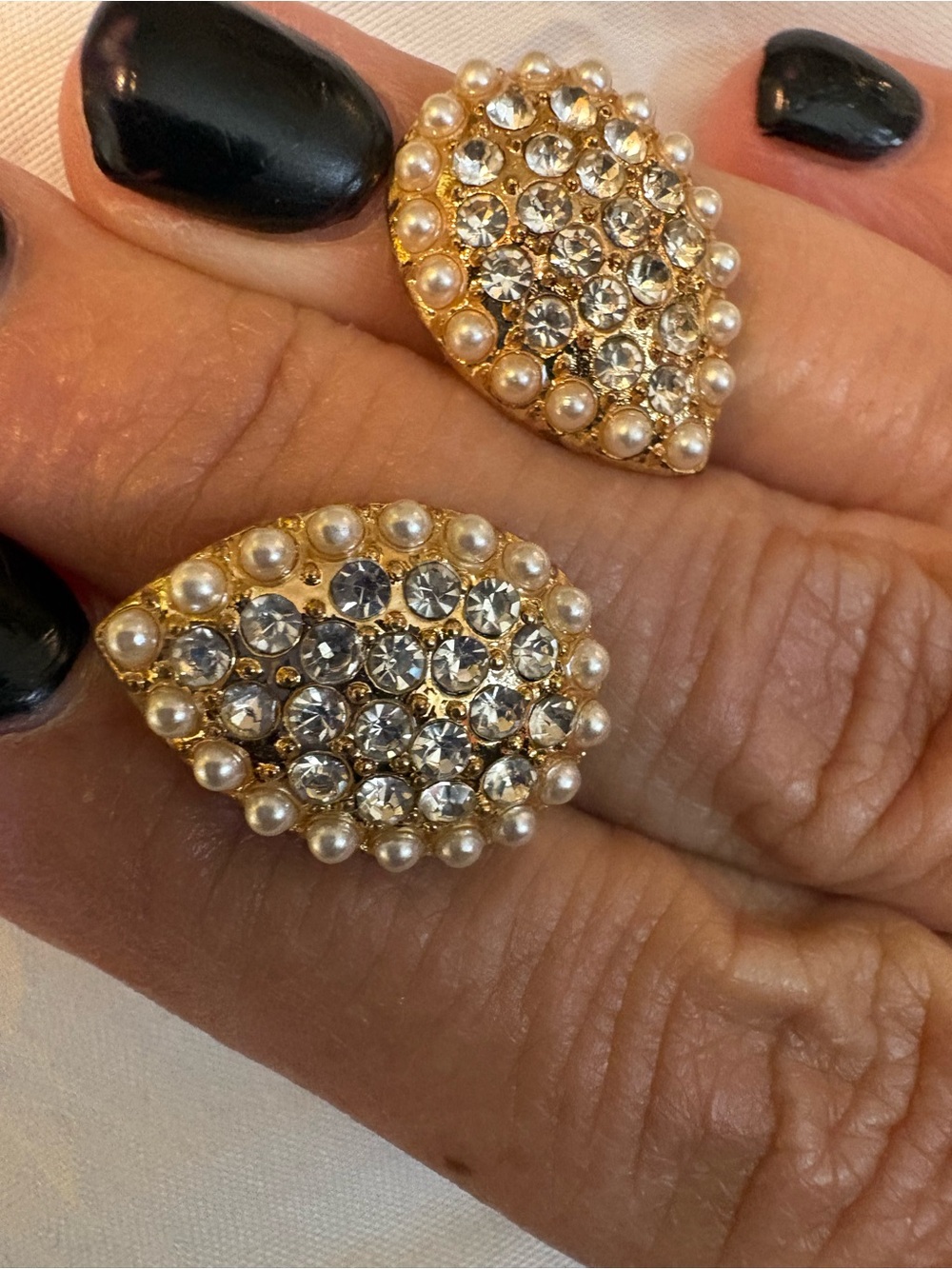 Gold-Tone Pearl & Crystal Teardrop Clip Earrings - Classic Elegance